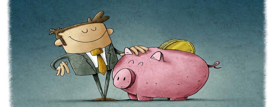 Comiczeichnung mit einem Mann und einem rosa Sparschwein - Eigenkapital für den Immobilienkauf